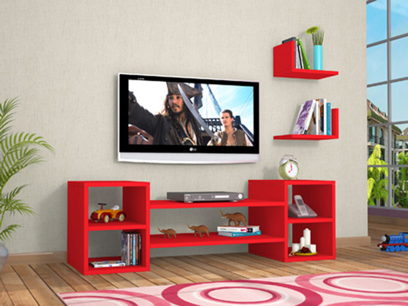 tv komoda crveno sa zidnim policama 1a